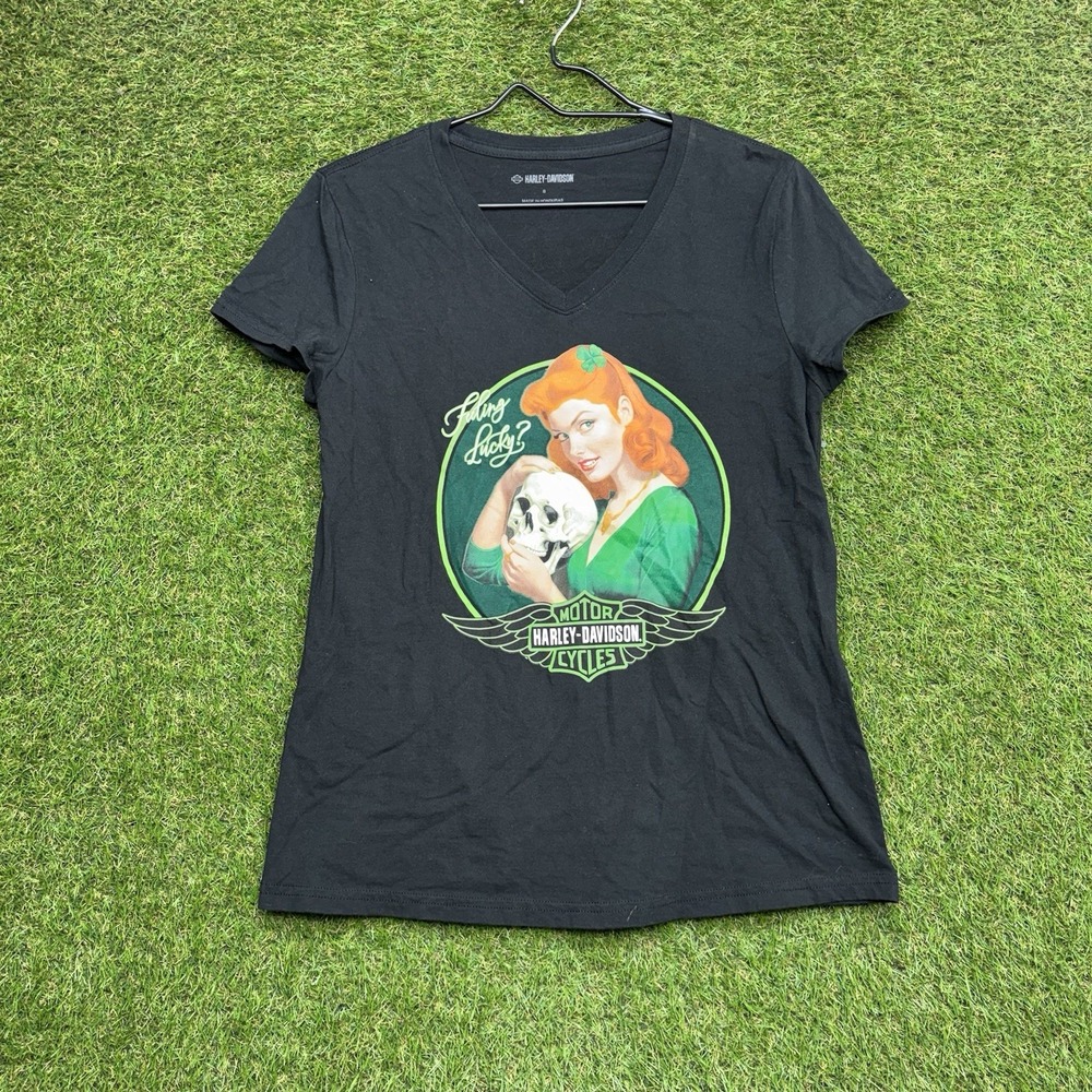 Vintage Lucky 13 Harley Davidson Shirt Women Small Black Skull V Neck Pinup Y2K